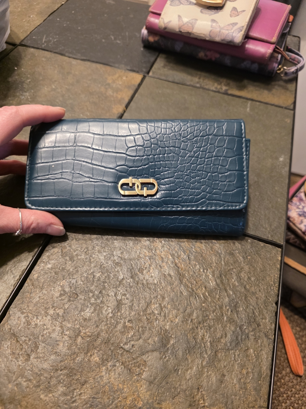 Teal Croc-Embossed Wallet with Gold Hardware